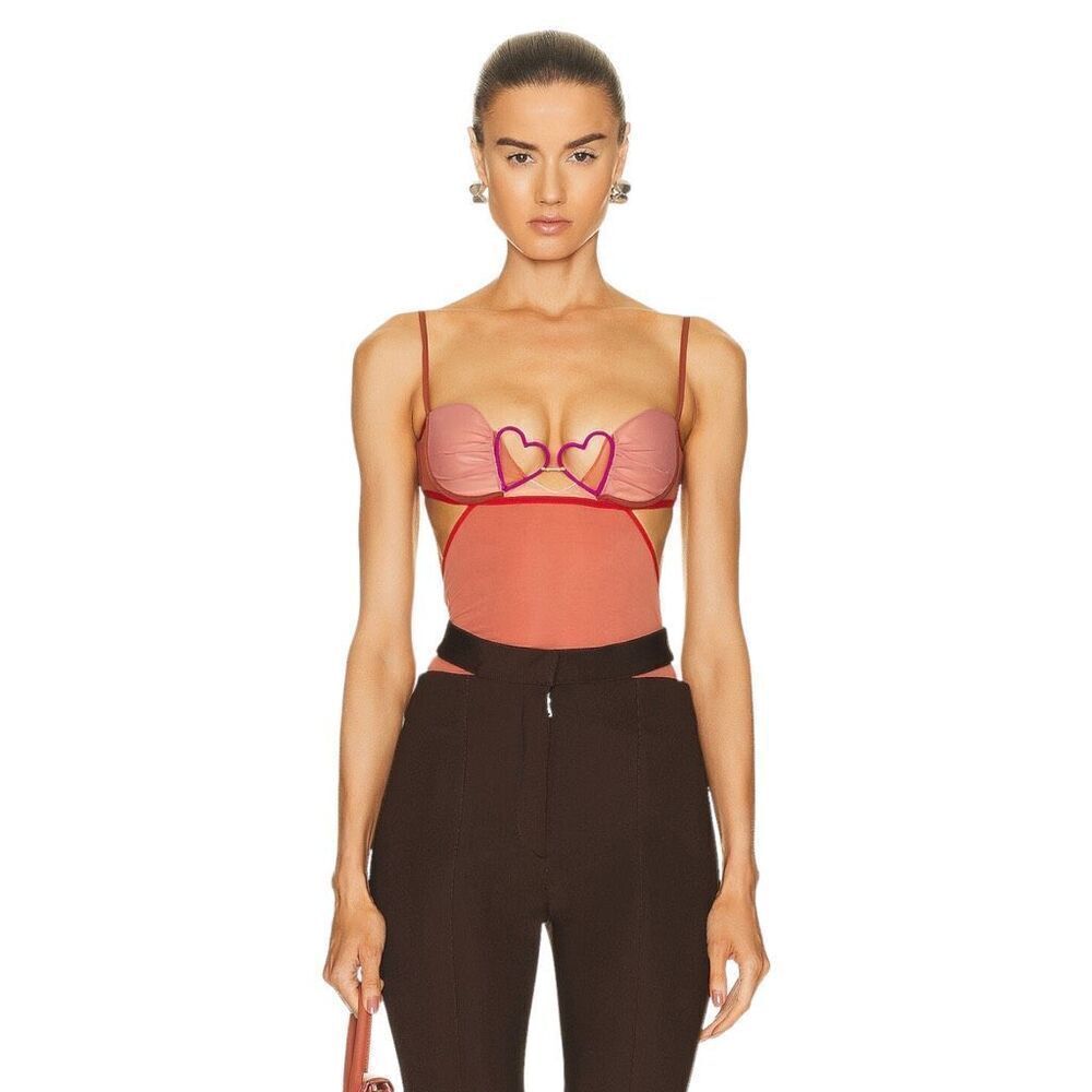Heart-Detail Sheer Corset Bodysuit in Rose